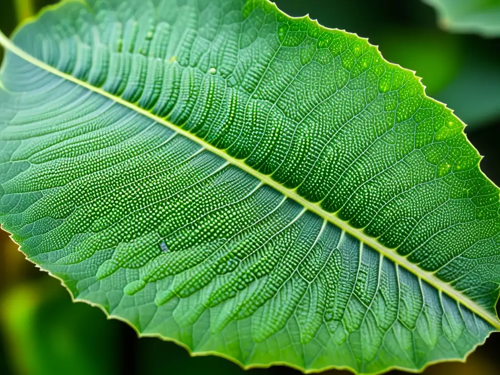 Detalle de hoja verde vibrante con diminutos huevos de insectos