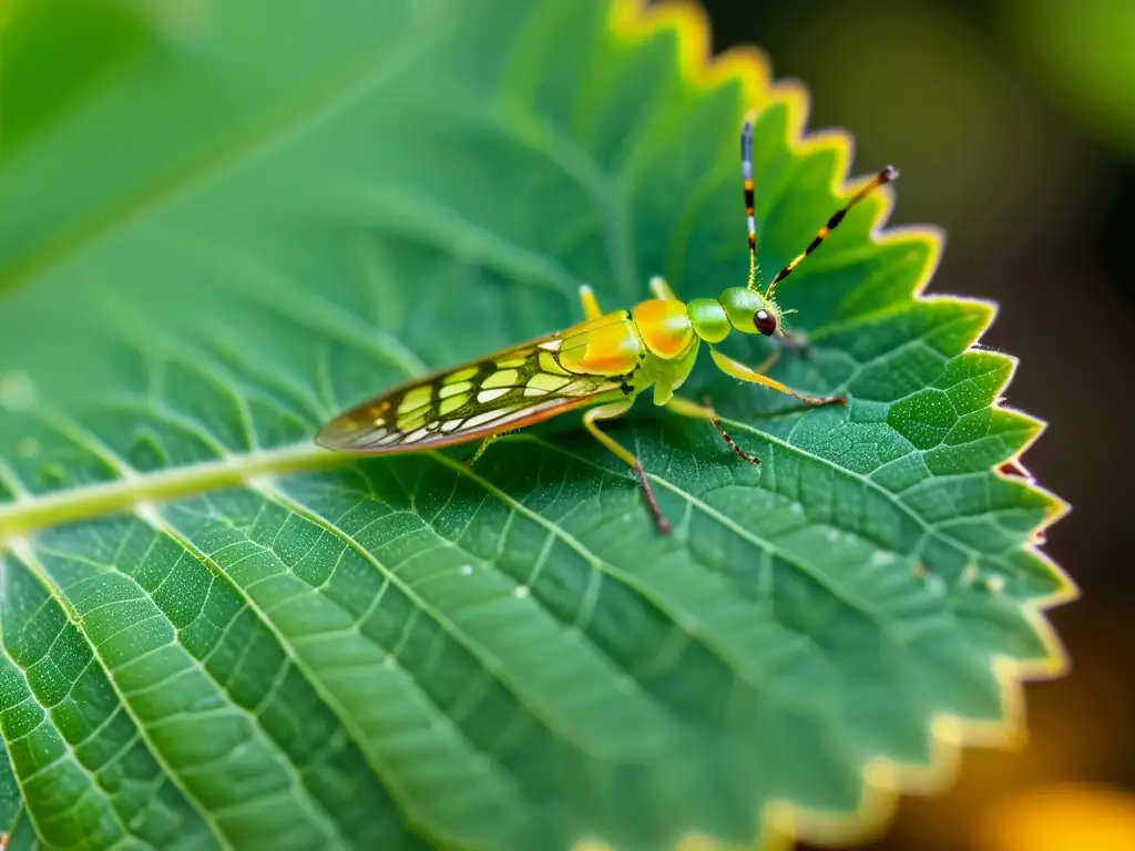 Detalle de hoja verde vibrante con adaptación de insectos a nuevos entornos