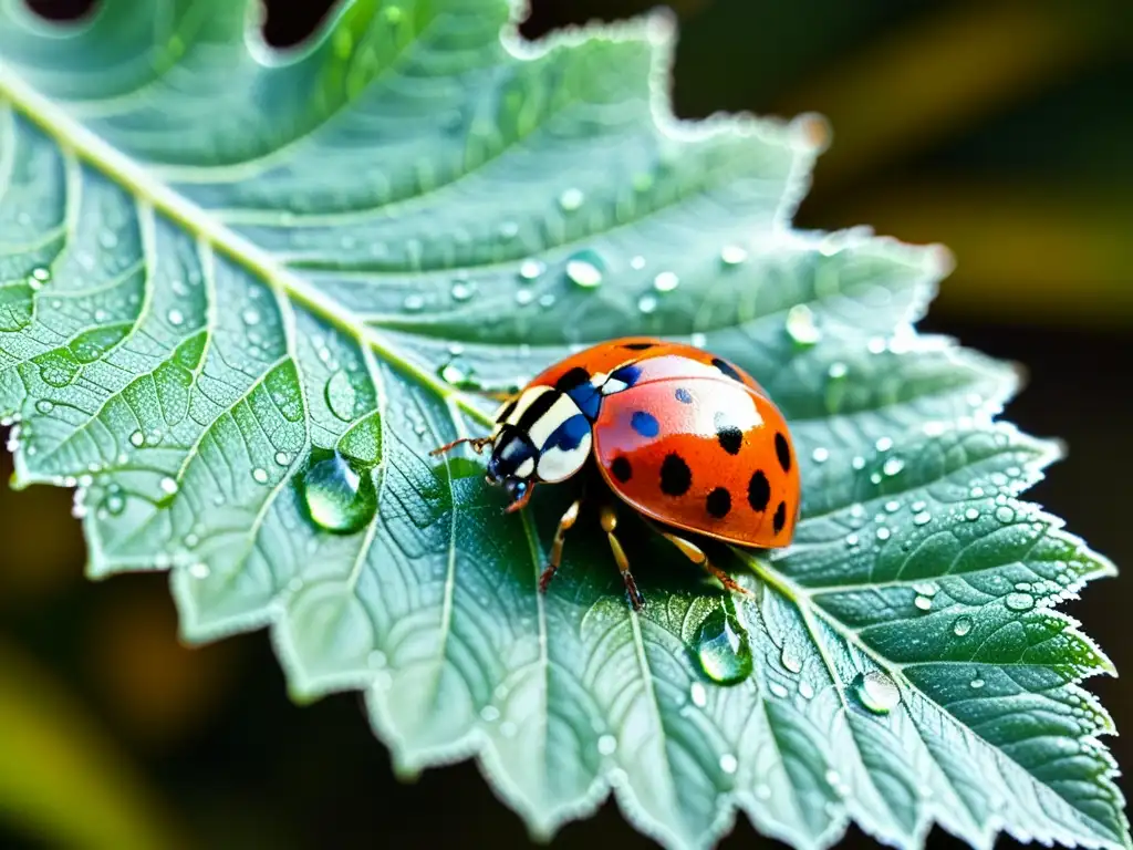 Detalle de una hoja verde vibrante cubierta de rocío con una pequeña mariquita, capturando la belleza de la naturaleza