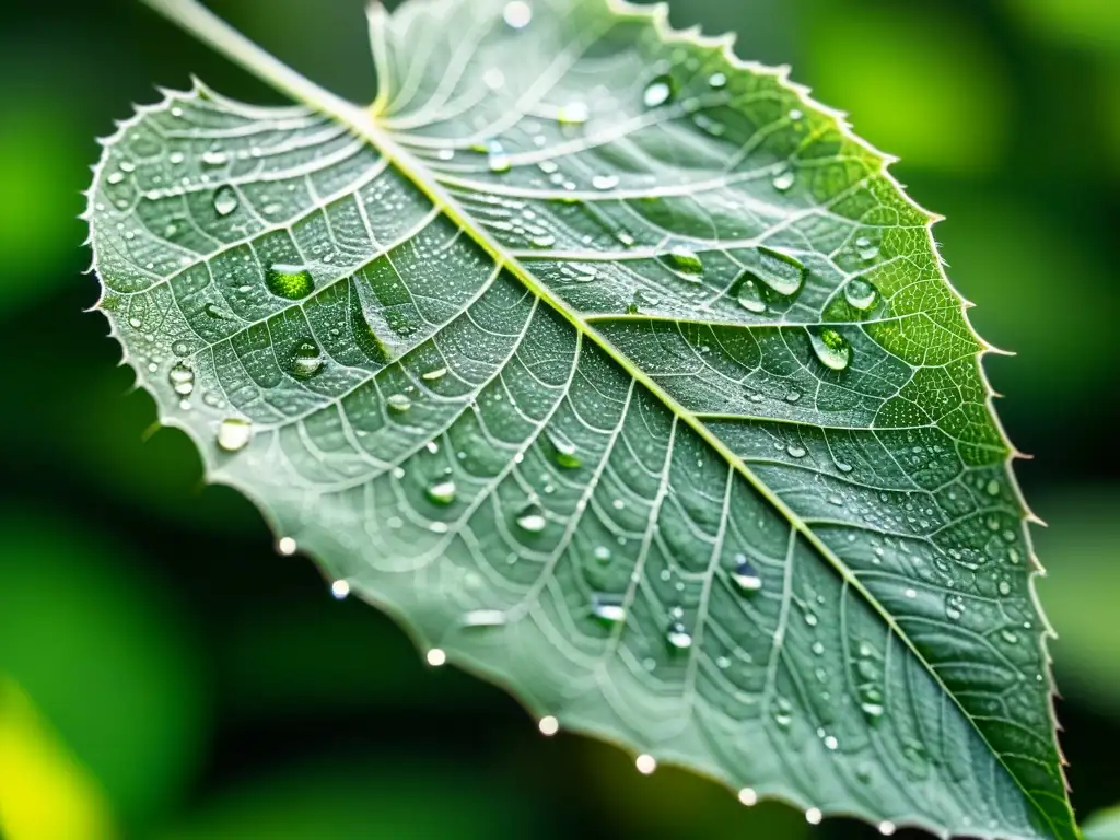 Detalle de una hoja verde vibrante cubierta por intrincadas telarañas, resplandeciendo bajo la luz solar