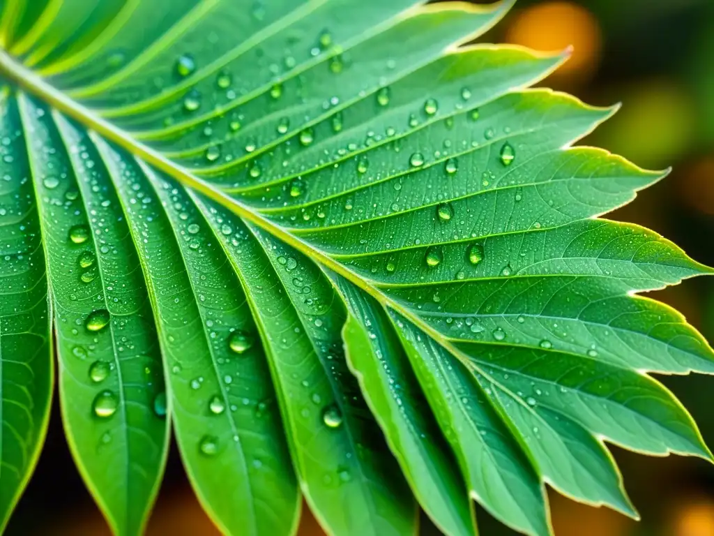 Detalle de una hoja vibrante de citronela con gotas de agua, resaltando sus propiedades repelentes de mosquitos