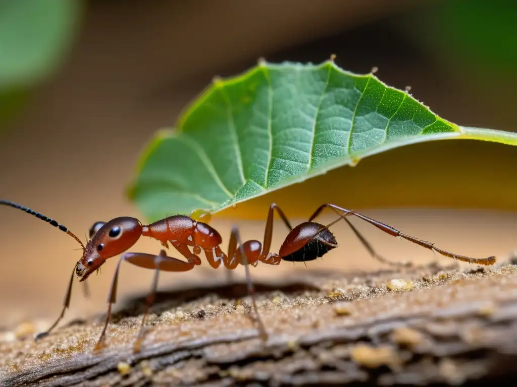 Detalle de hormiga cortadora de hojas llevando una hoja, demostrando la fuerza natural de las colas adhesivas ecológicas inspiradas en insectos