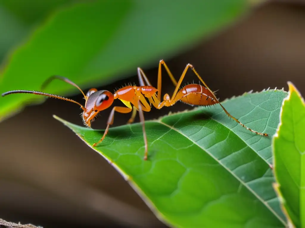 Detalle de hormiga cortadora de hojas transportando una minuciosa pieza, destacando la evolución estructuras nidificación insectos