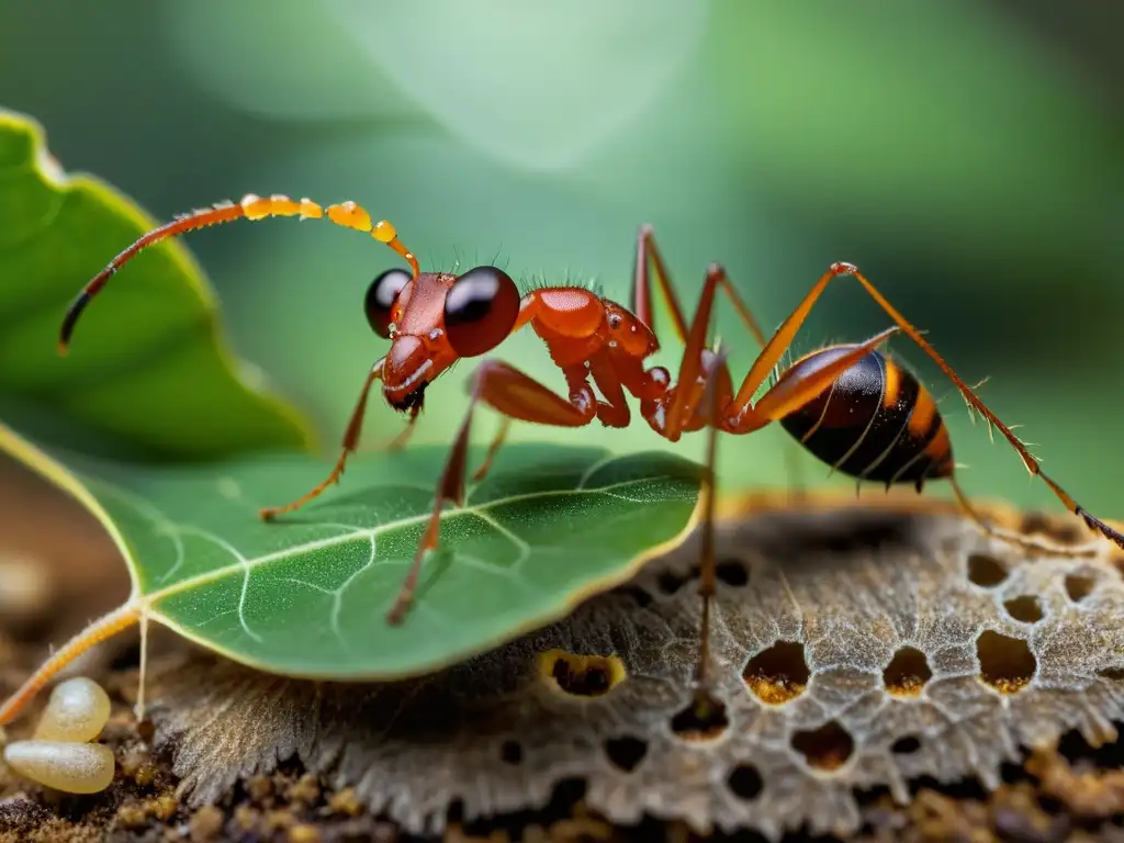 Detalle de una hormiga cortadora de hojas llevando una hoja, simbolizando la simbiosis entre insectos defensa