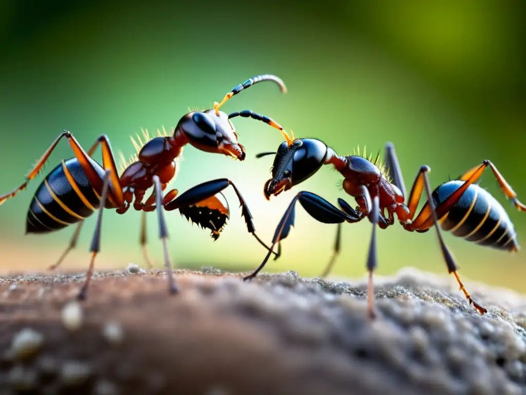 Detalle de dos hormigas comunicándose con sus antenas, destacando la compleja comunicación intraespecífica en insectos