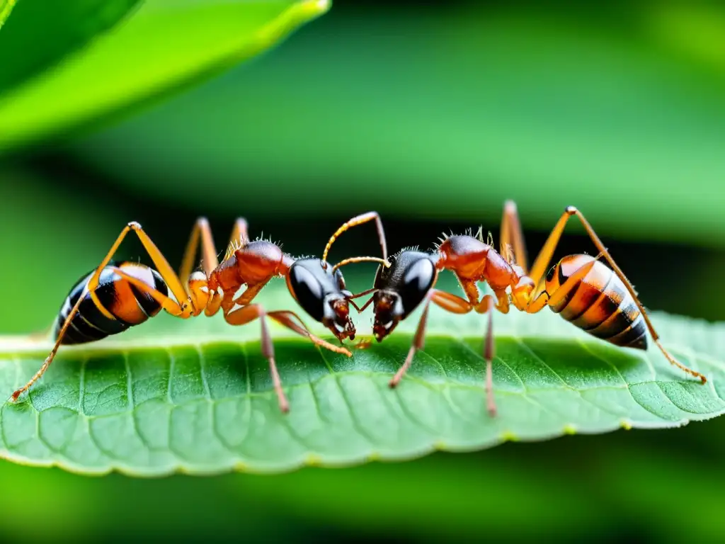 Detalle en alta definición de dos hormigas comunicándose con sus antenas, resaltando la importancia de la comunicación en insectos