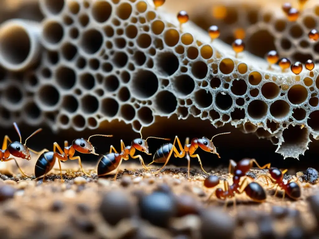 Detalle de hormigas trabajando en su colonia, resaltando la importancia de las hormigas en ecosistemas