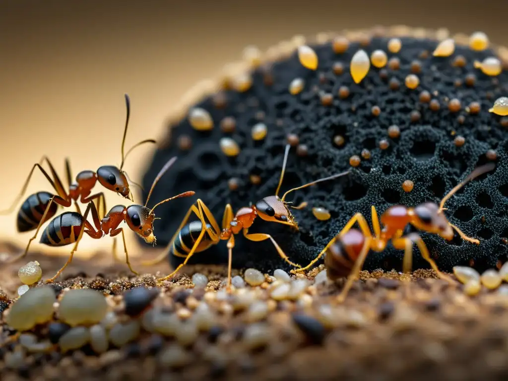 Detalle de hormigas cooperando para llevar comida al nido, mostrando la ética en el mundo de los insectos