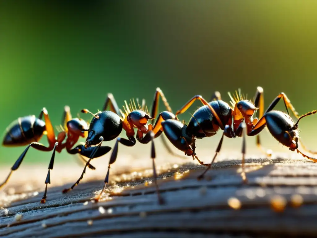 Detalle de hormigas comunicándose mediante feromonas, destacando la importancia de la comunicación química en la supervivencia de los insectos