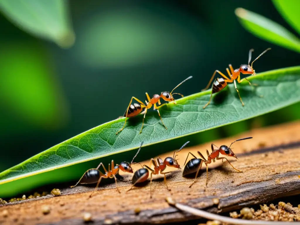 Detalle de hormigas trabajando juntas para transportar una hoja, resaltando la importancia de las hormigas en el ecosistema