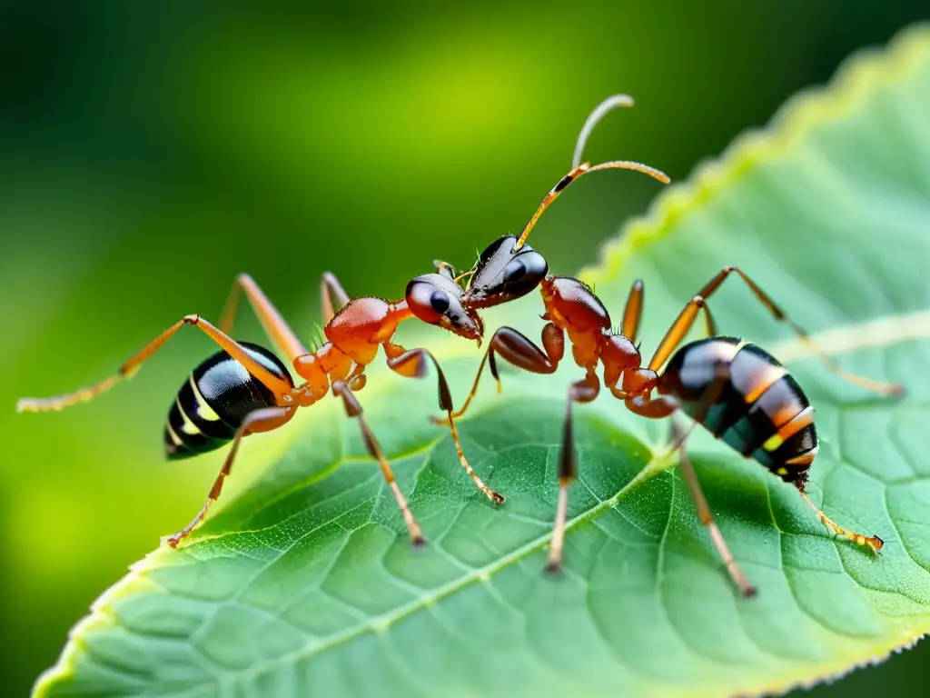 Detalle de dos hormigas comunicándose a través de sus antenas en una hoja, resaltando la complejidad de la comunicación y señales insectos