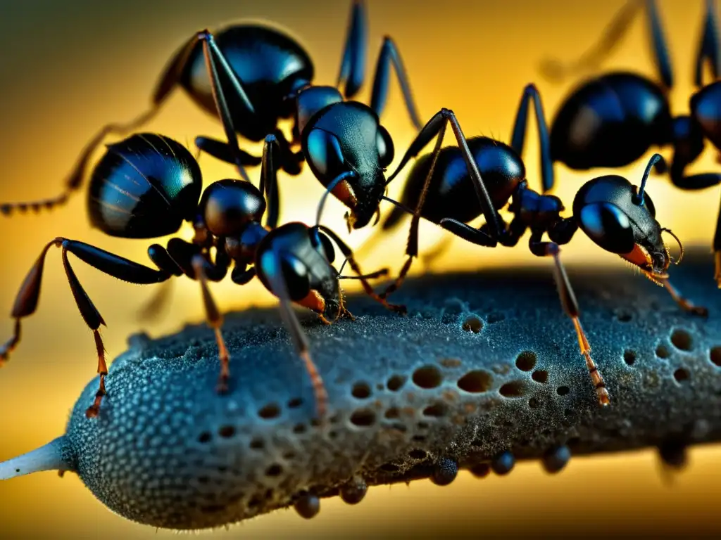 Detalle de hormigas comunicándose a través de sus antenas, destacando el comportamiento insectil: comunicación y organización social