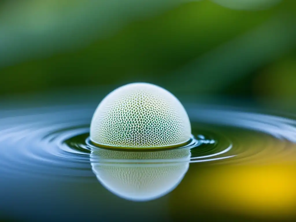 Detalle de huevo de mosquito en agua estancada, mostrando patrón hexagonal y atmósfera serena