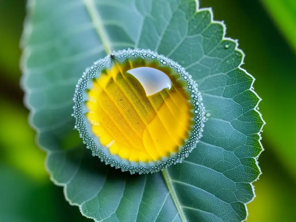 Detalle de un huevo de mariposa en una hoja, mostrando el ciclo de vida del insecto y sus adaptaciones fisiológicas