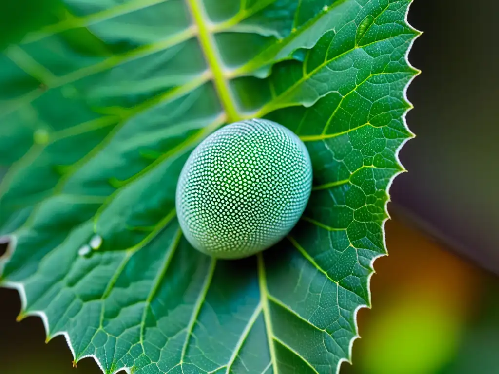 Detalle de huevo de mariposa monarca en hoja de algodoncillo, mostrando la conexión ciclo de vida genética y la delicadeza de la naturaleza