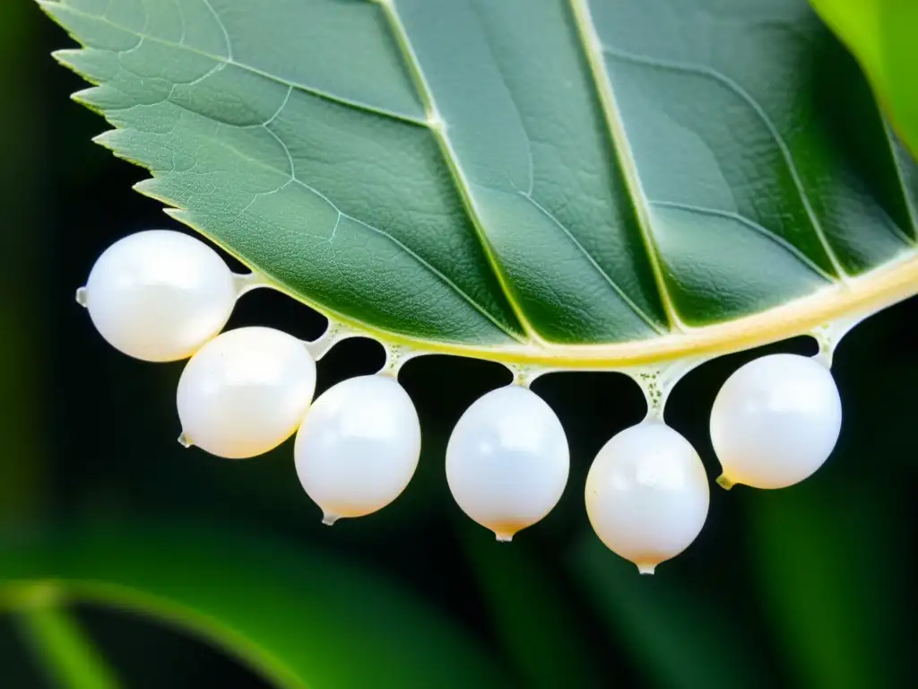 Detalle de huevos de insectos en una hoja, mostrando desarrollo embrionario y delicados patrones