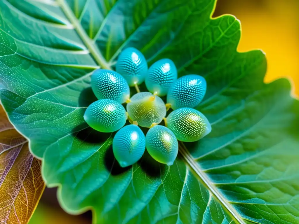 Detalle de huevos de mariposa iridiscentes en hoja verde con pequeñas orugas translúcidas emergiendo, mostrando la crianza de insectos