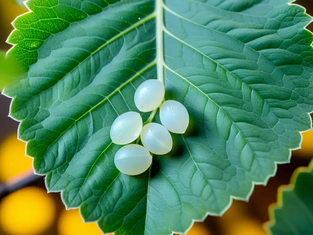 Detalle de huevos de mosca blanca en hoja verde en invernadero, mostrando amenaza y control de mosca blanca en invernaderos