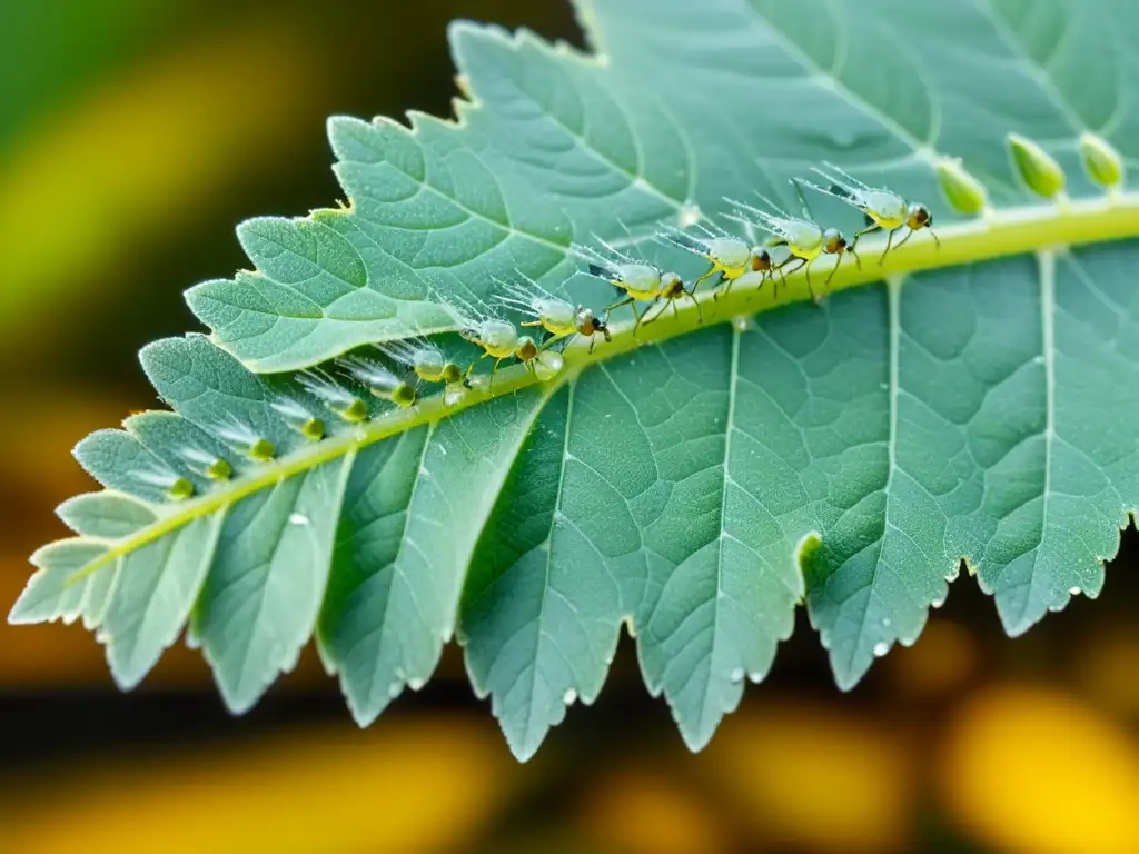 Detalle impactante de áfidos en hoja verde, reflejando gestión de plagas y cambio climático