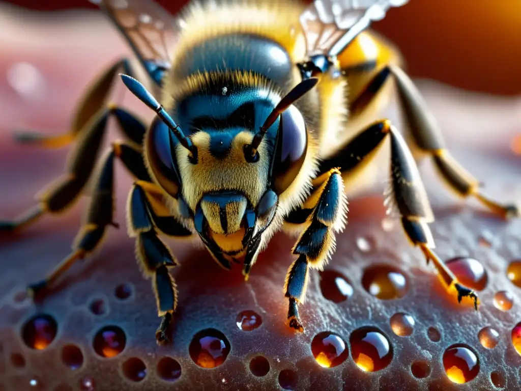 Detalle impactante de un aguijón de abeja en la piel humana, con gotas de veneno y tejido inflamado, mostrando la reacción al veneno