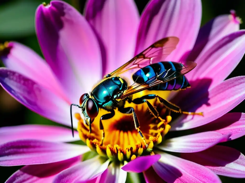 Detalle de una impactante avispa iridiscente sobre una flor rosa, resaltando la importancia de los insectos polinizadores en los ecosistemas globales