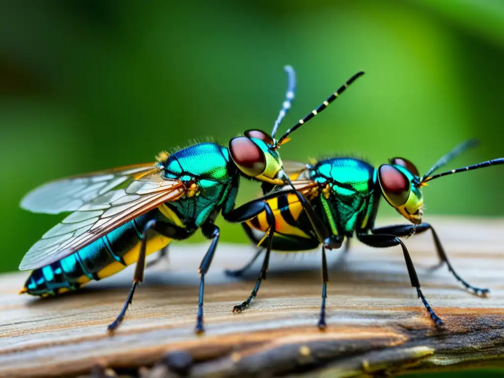 Detalle impactante del comportamiento agonístico de insectos en dramático combate, con colores vibrantes y texturas intensas en sus exoesqueletos