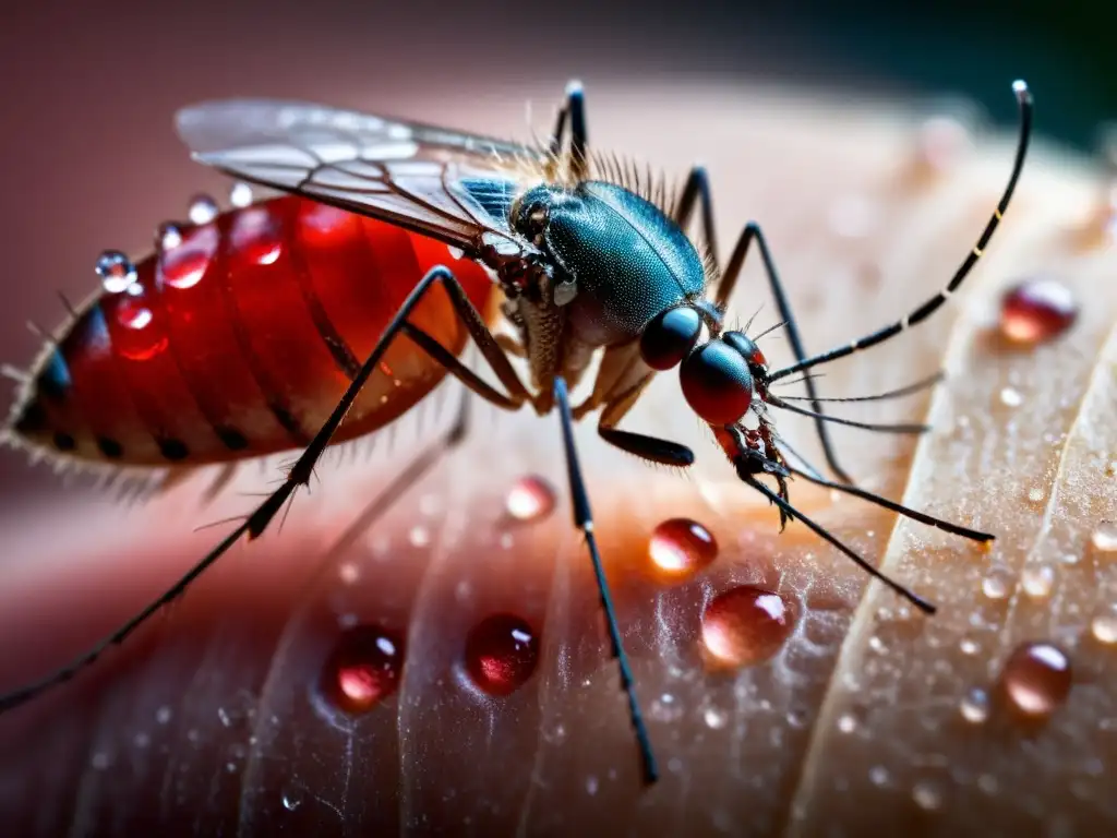 Detalle impactante de la dieta hematófaga en insectos: mosquito extrayendo sangre de un brazo humano