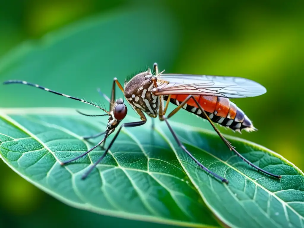 Detalle impactante del mosquito en hoja, exhibiendo patrones y estructura