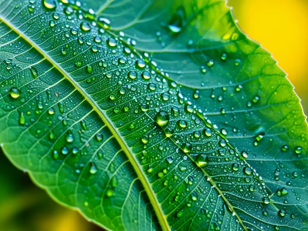Detalle impactante de hoja verde con insecticida, reflejando arcoíris