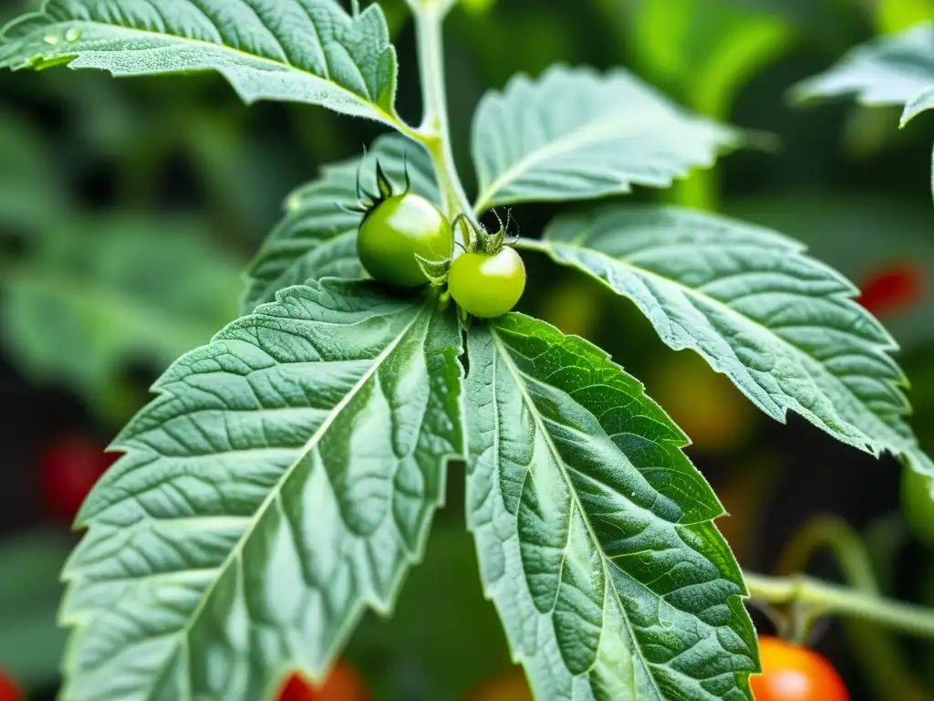 Detalle impactante de hojas verdes de tomate cubiertas por telarañas y ácaros rojos, ejemplificando la necesidad de manejo de la plaga de ácaros en los cultivos