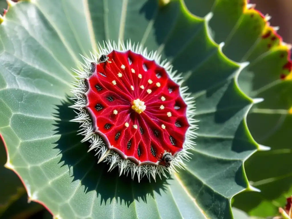 Detalle impactante: insecto cochinilla roja sobre nopal