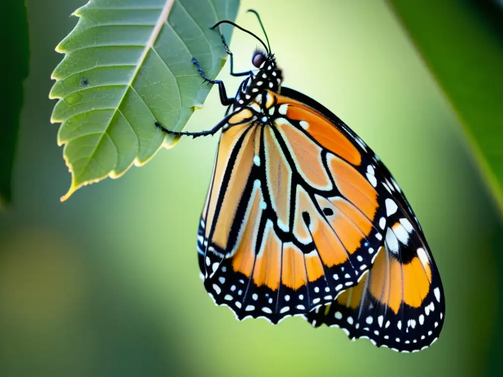 Detalle impactante de mariposa monarca emergiendo de su crisálida, con colores vibrantes y alas delicadas