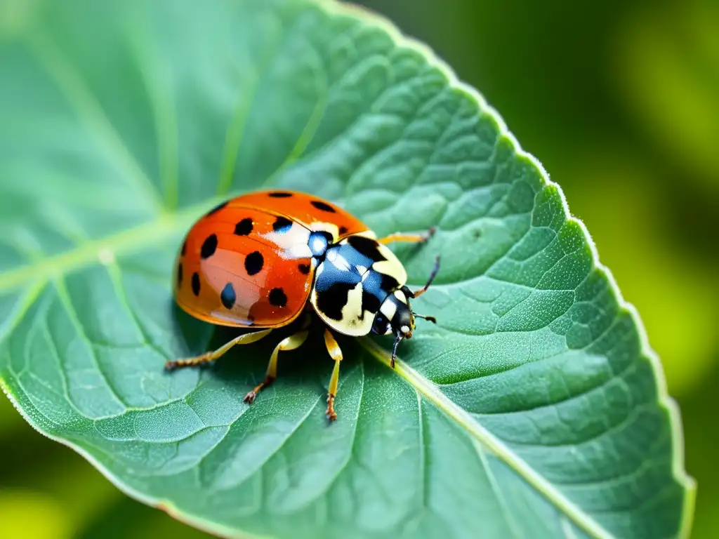 Detalle impactante de una mariquita en una hoja verde, mostrando la belleza natural