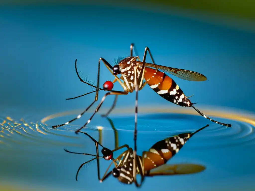 Detalle impactante de un mosquito Aedes aegypti en el agua, listo para alimentarse