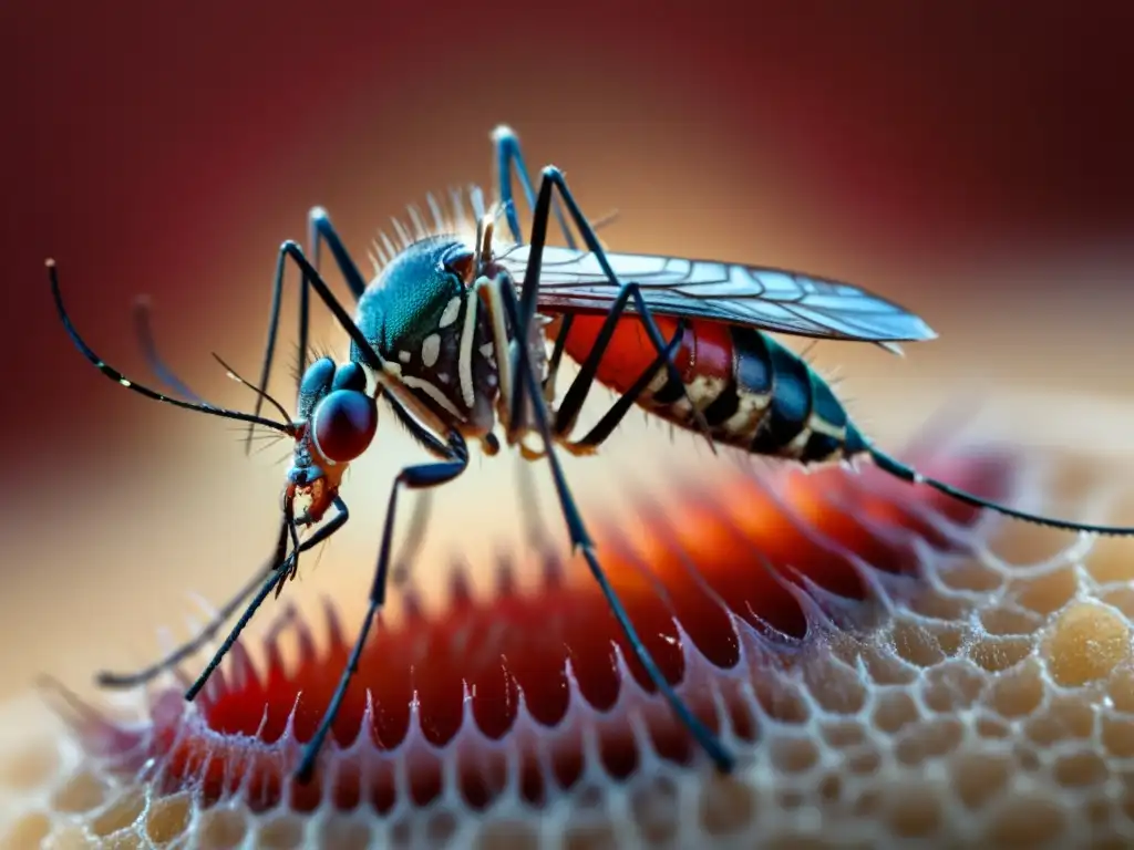 Detalle impactante: probóscide de mosquito penetrando la piel humana, rodeada de vasos sanguíneos