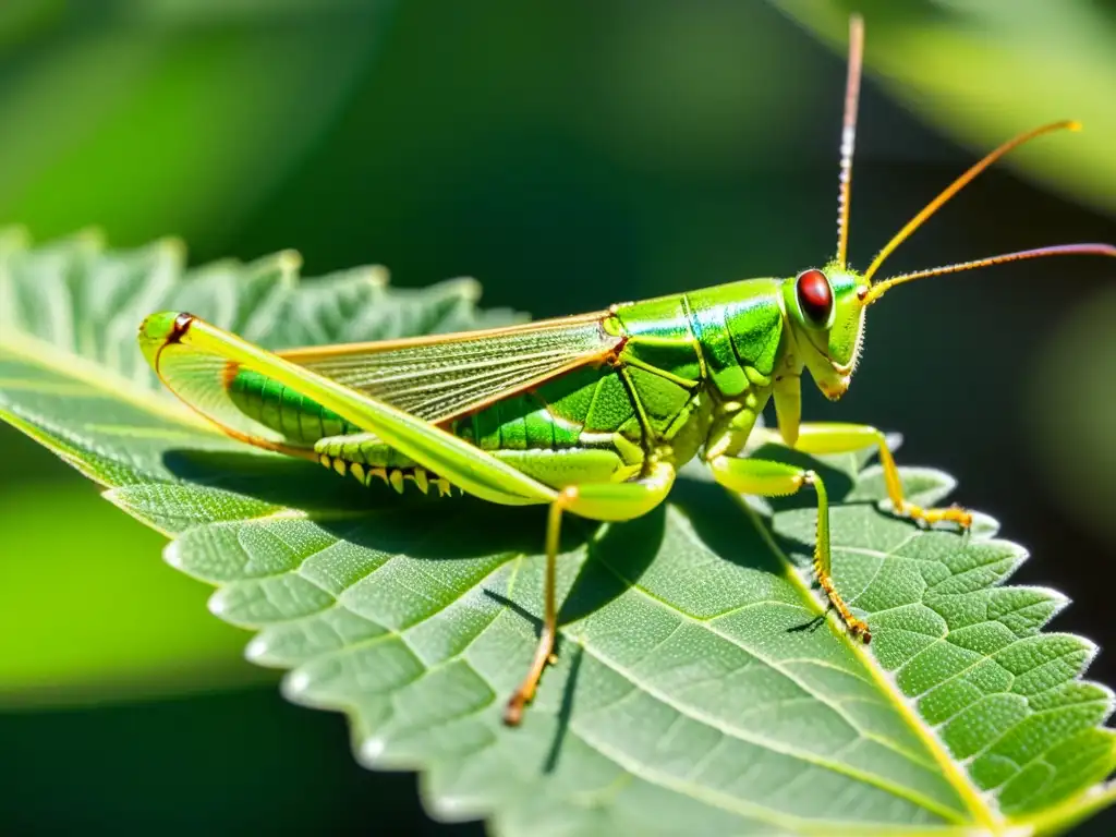 Detalle impactante de un saltamontes verde sobre una hoja, con luz solar filtrándose a través de sus alas