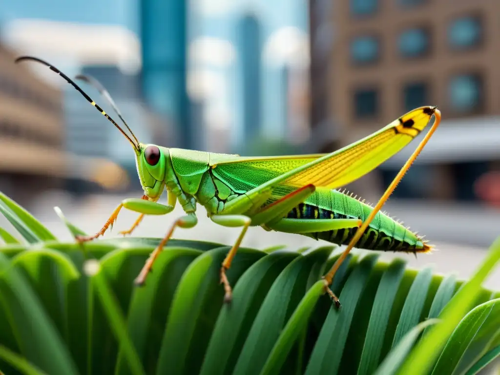 Detalle impactante: saltamontes verde en la ciudad, muestra impacto expansión urbana insectos