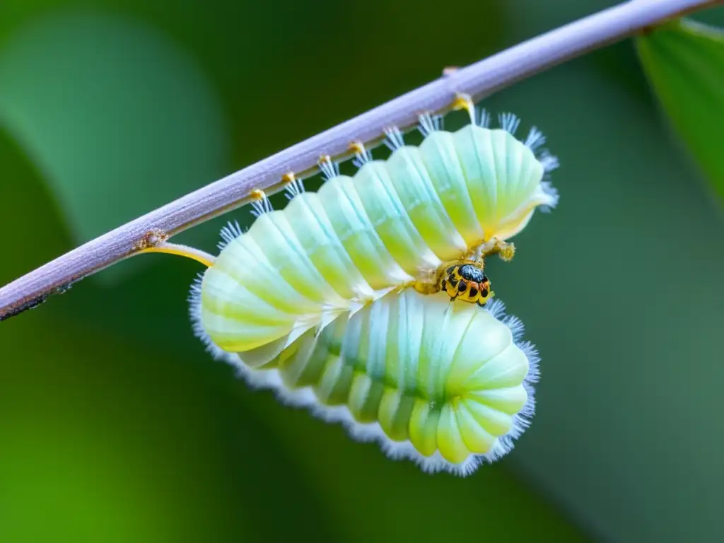 Detalle de la importancia de la metamorfosis en insectos: una crisálida transparente revela el proceso de transformación de oruga a mariposa