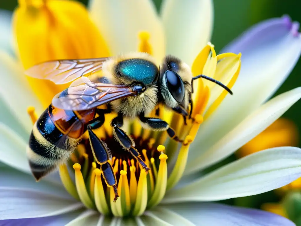 Detalle impresionante de una abeja cubierta de polen en una flor, mostrando la relación vital entre polinizadores y plantas