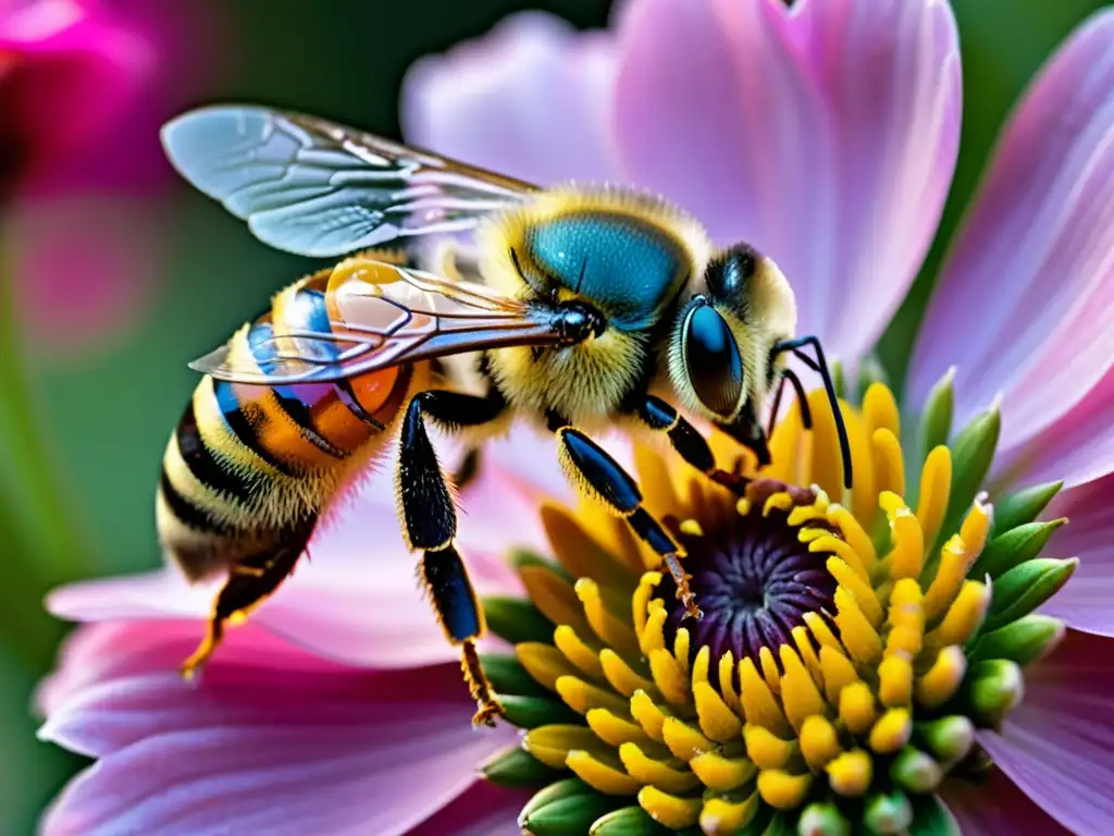 Detalle impresionante de una abeja cubierta de polen, polinizando una flor rosa