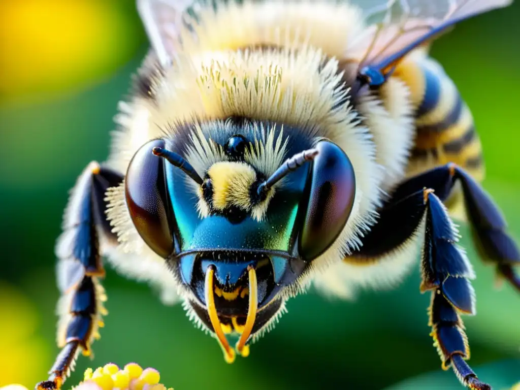 Detalle impresionante de una abeja cubierta de polen, resaltando la importancia de los insectos en ecosistemas