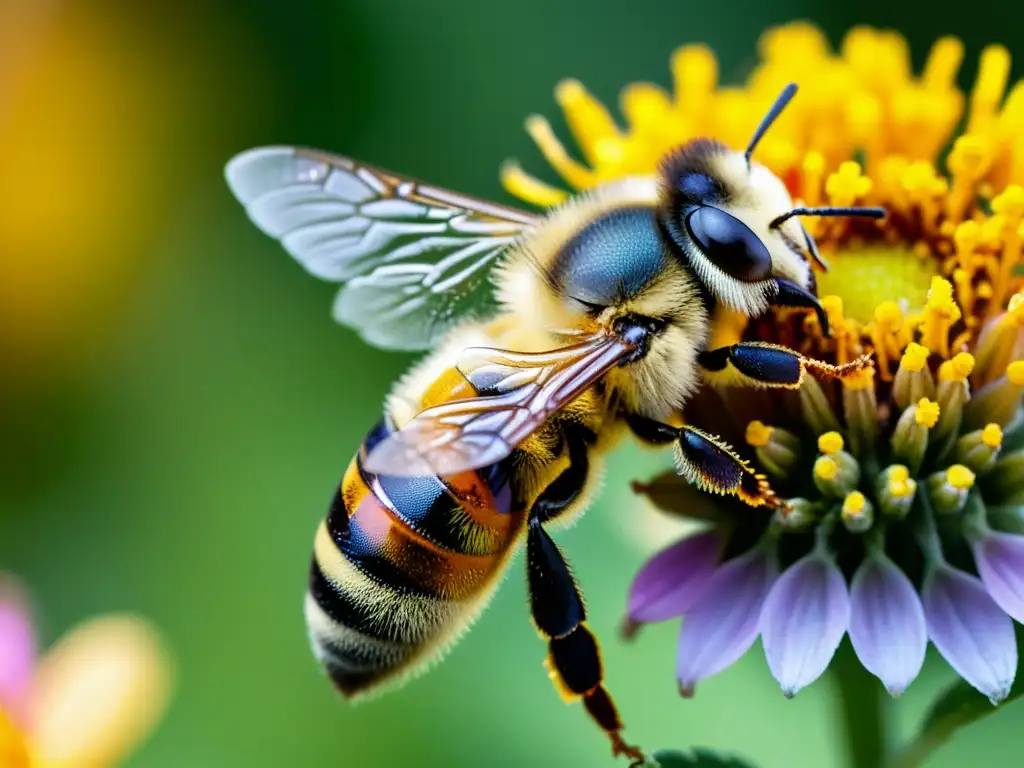 Detalle impresionante de una abeja cubierta de polen sobre una flor vibrante