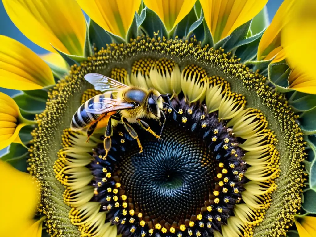 Detalle impresionante de una abeja cubierta de polen sobre un girasol, destacando la importancia de la polinización por insectos en la naturaleza