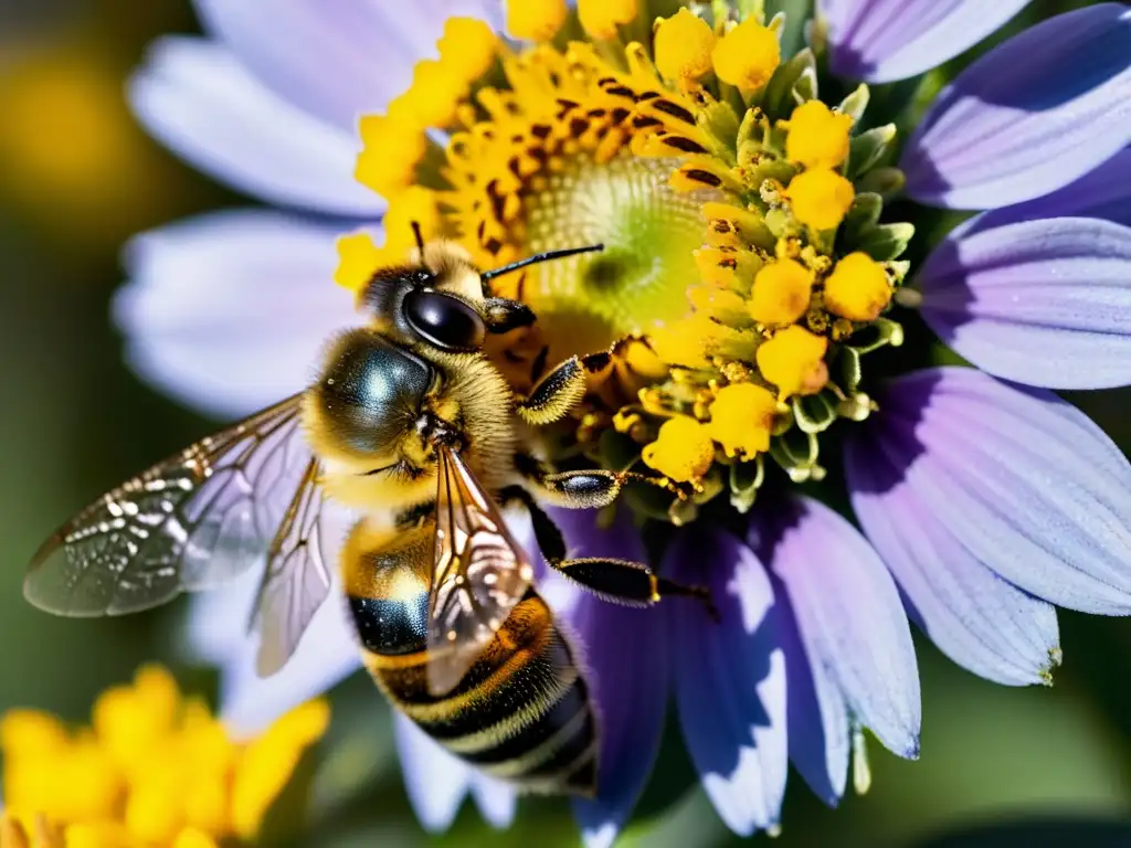 Detalle impresionante de una abeja cubierta de polen amarillo, resaltando la relación entre insectos y su ecosistema