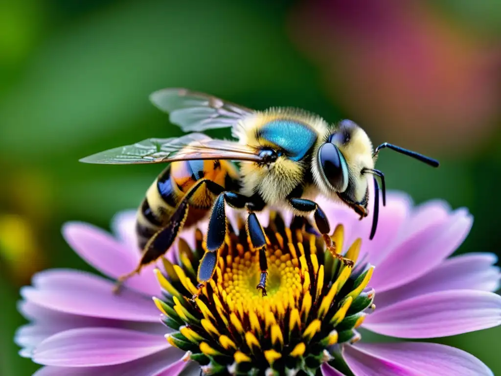 Detalle impresionante de una abeja recolectando néctar en una flor, ilustrando la comunicación multimodal en insectos y su entorno floral vibrante