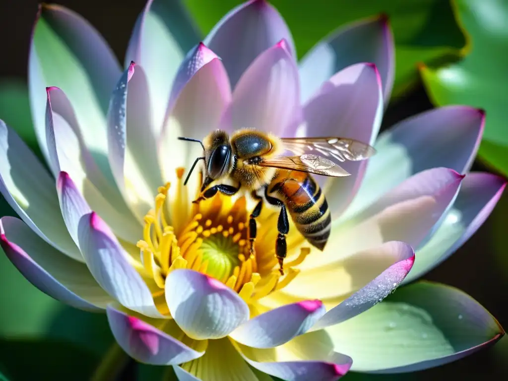 Detalle asombroso: abeja y loto en simbiosis Detalle impresionante de una abeja en una flor de loto rosada, destacando la importancia de las abejas en mitología