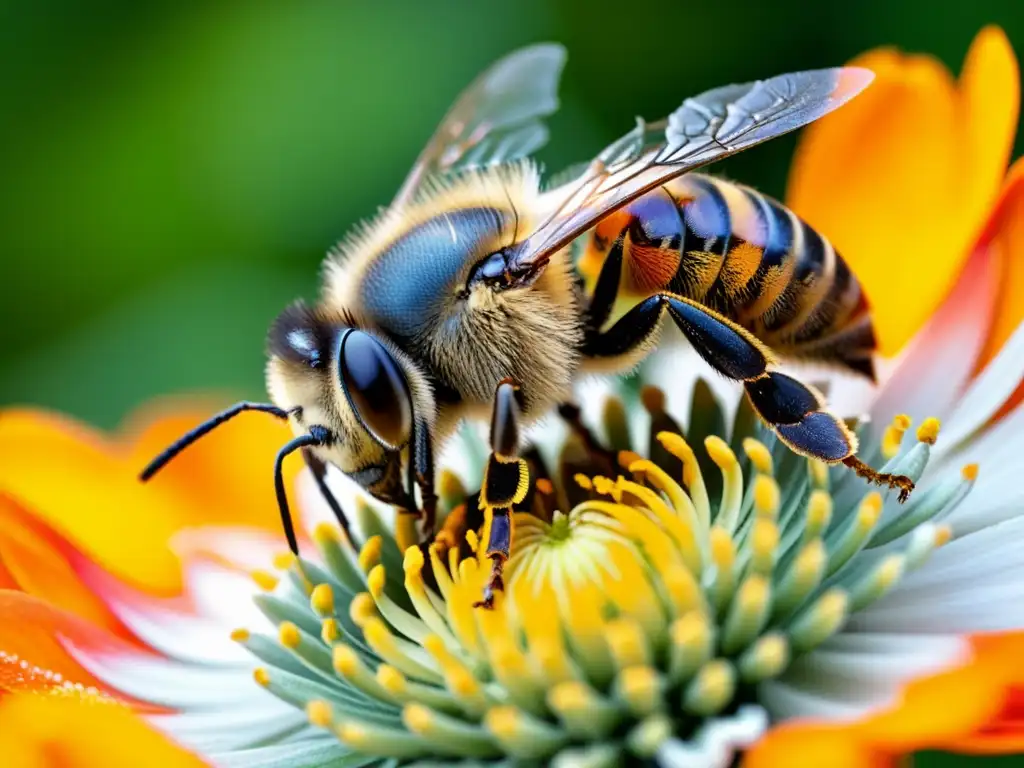 Un detalle impresionante de una abeja recolectando néctar de una flor naranja brillante