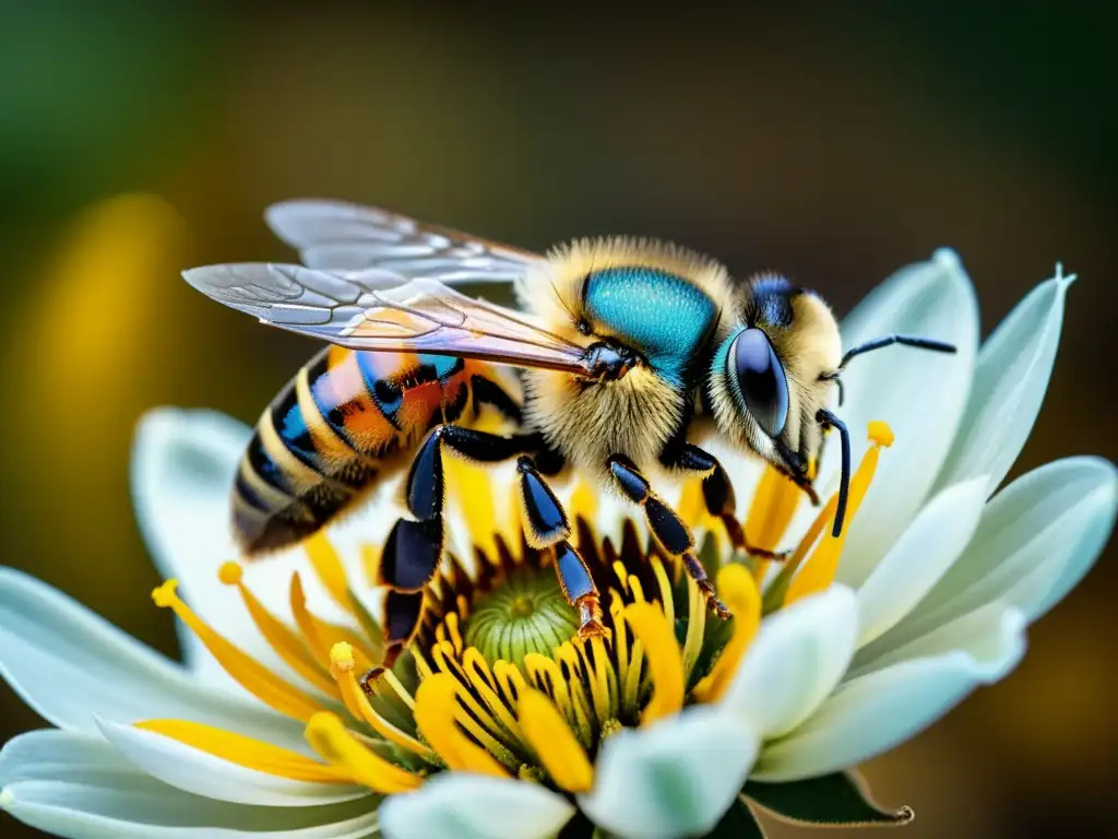 Detalle impresionante de una abeja polinizando una flor, mostrando las relaciones evolutivas entre insectos en una escena vibrante y cautivadora