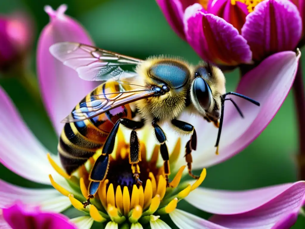 Detalle impresionante de una abeja recolectando néctar de una flor rosada, resaltando la importancia de la apicultura urbana