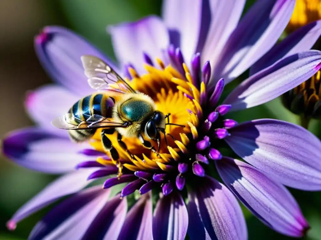 Detalle impresionante de abeja polinizando flor púrpura, resaltando importancia de los insectos en tecnologías